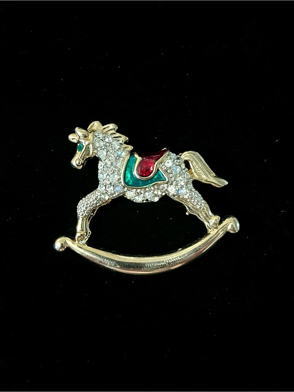 Gold-Tone Rocking Horse Brooch with Red & Green Enamel and Rhinestones